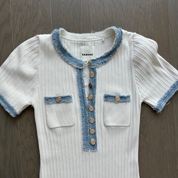 SANDRO Alecia Knit Denim Trim Midi Dress White Button Detail - FR 38 / US 6 - Picture 7 of 12